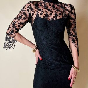Mini abito sartoriale in tulle nero con ricami floreali